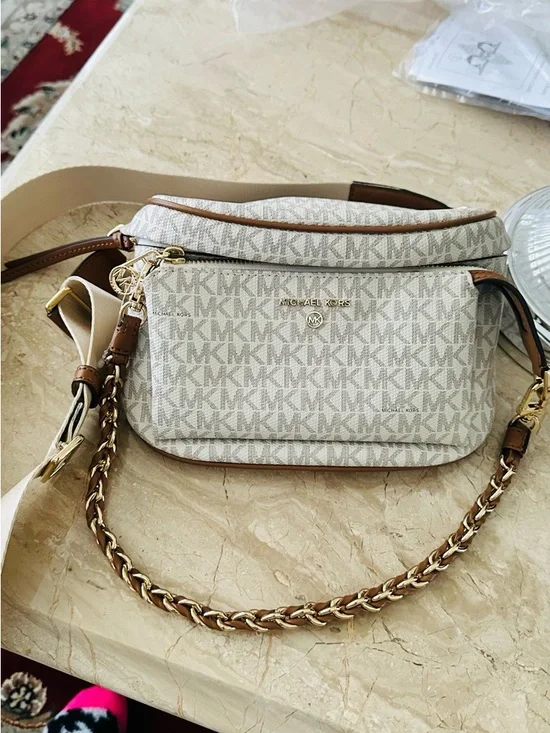 Michael Kors Cream White Logo-Print Crossbody with Tan Trim - Picture 12 of 13